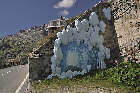 Furkapass, Hotel Belvedere, Werbung Eisgrotte Rhonegletscher, 2015, © GÖF